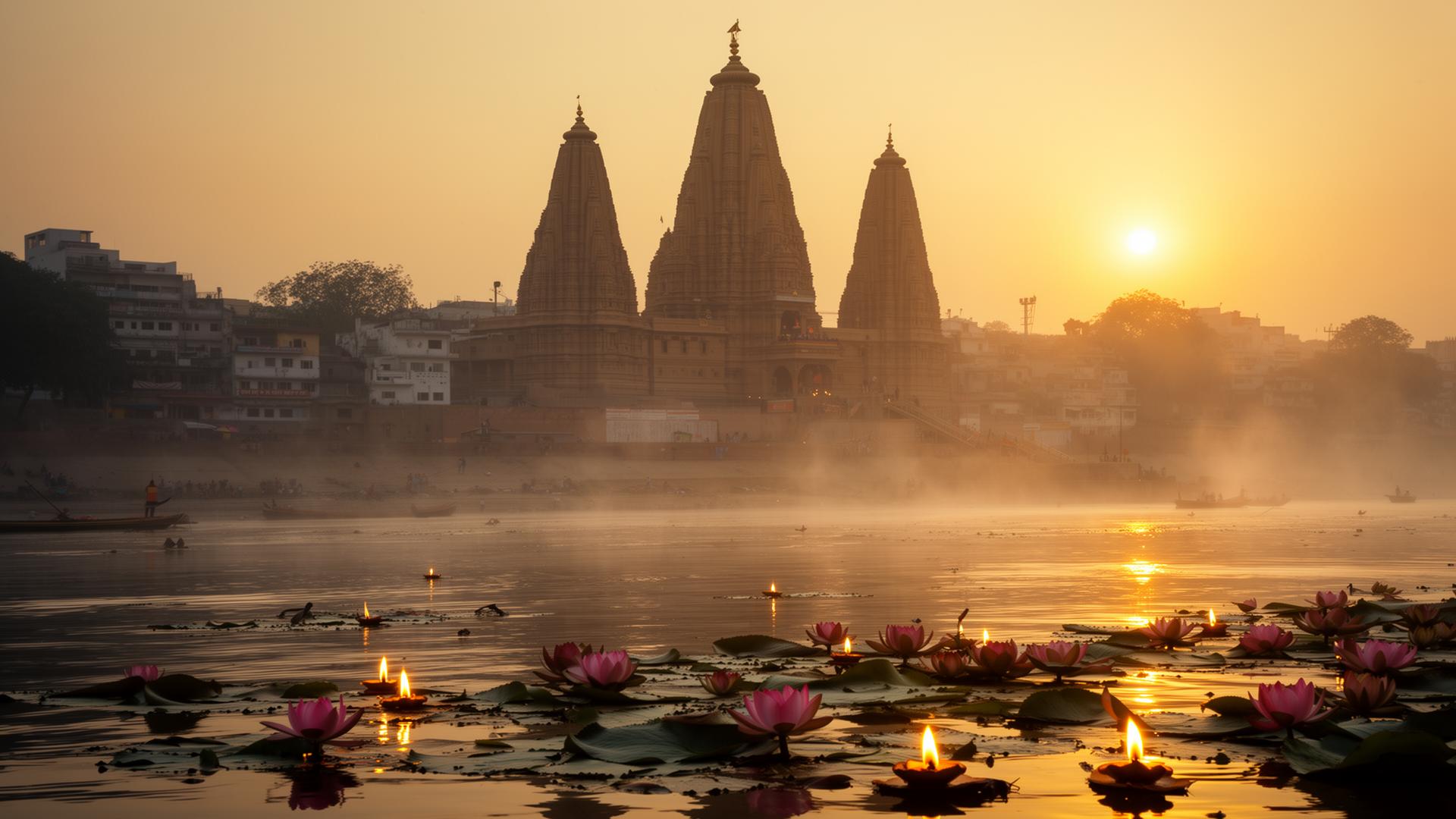 Ancient Hindu temple by the sacred river at golden hour